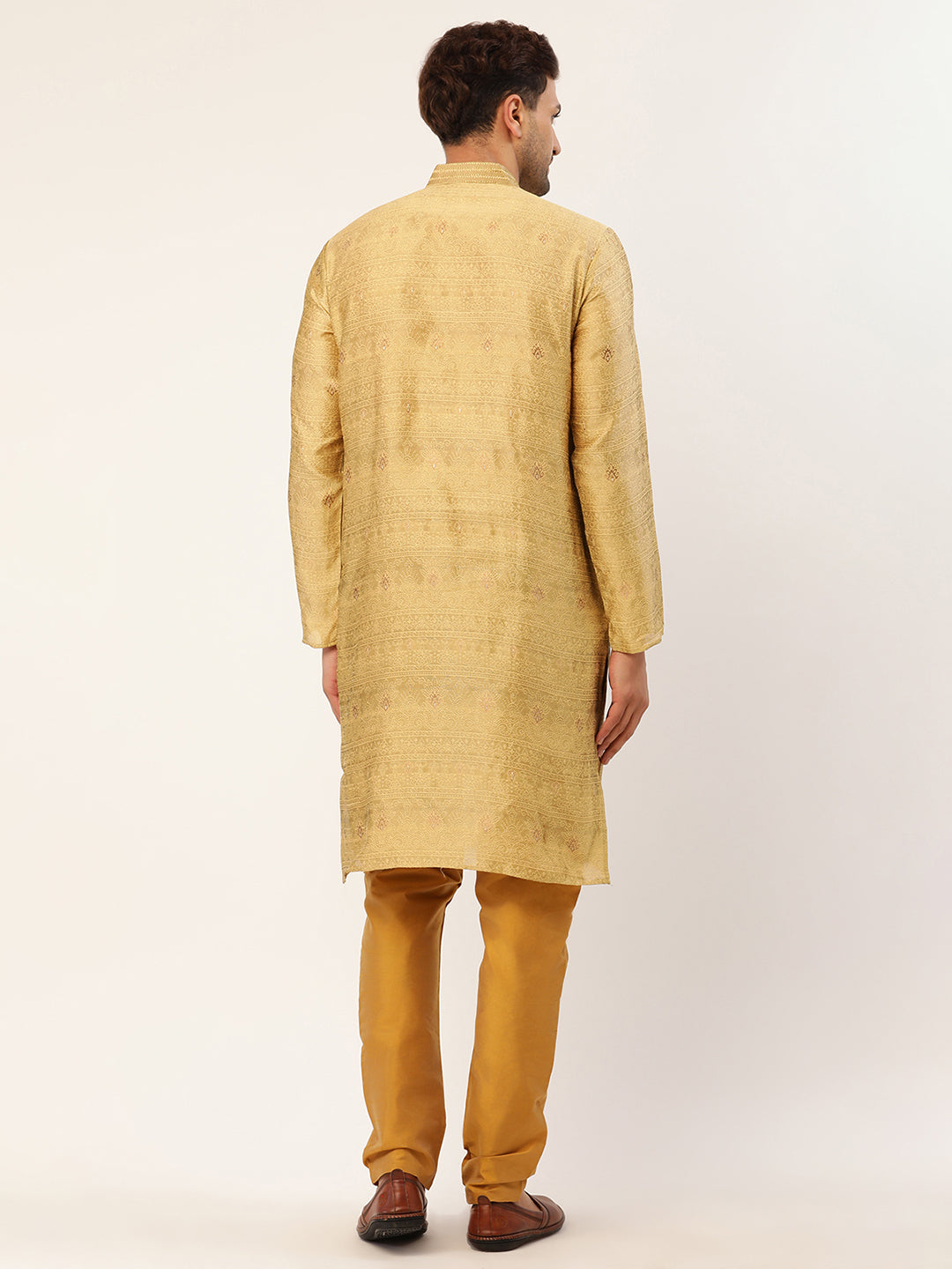 Men's Beige Coller Embroidered Woven Design Kurta Pyjama ( Jokp 649 Beige ) - Virat Fashions