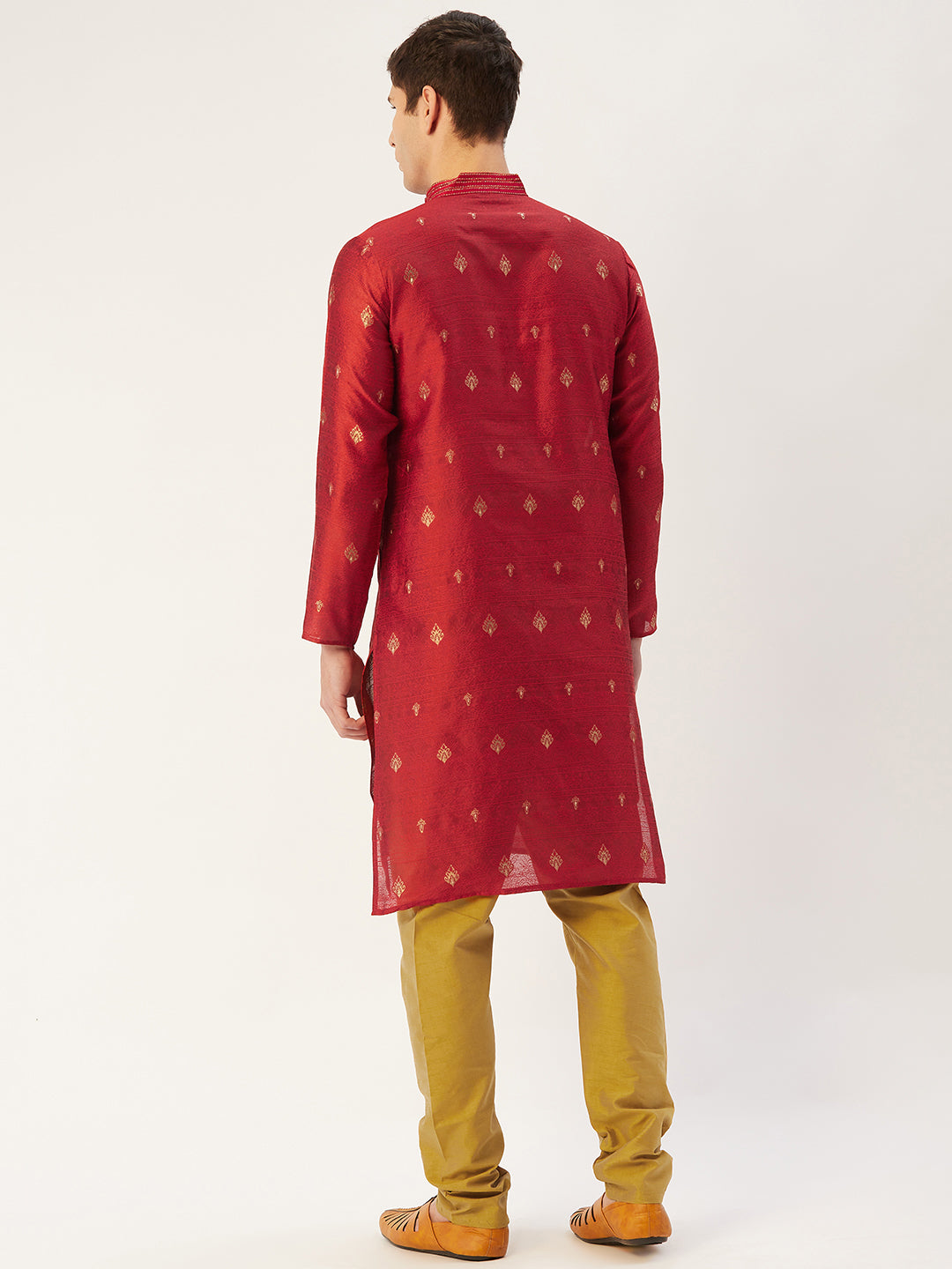 Men's Maroon Coller Embroidered Woven Design Kurta Pyjama ( JOKP 649 Maroon ) - Virat Fashions