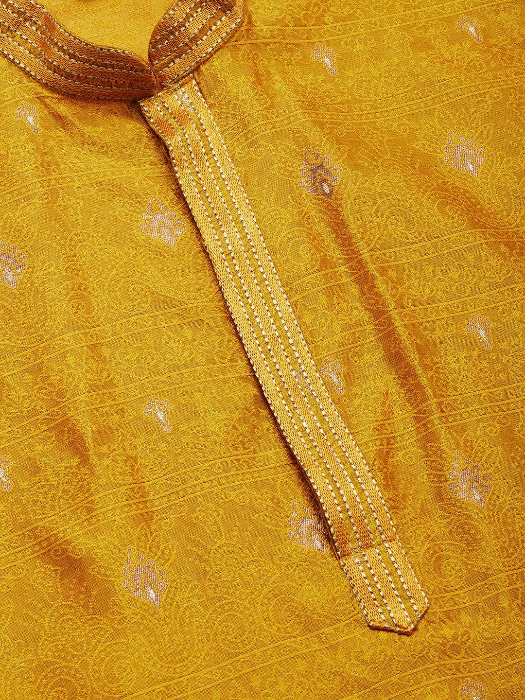 Men's Mustard Coller Embroidered Woven Design Kurta Pyjama ( JOKP 649 Mustard ) - Virat Fashions