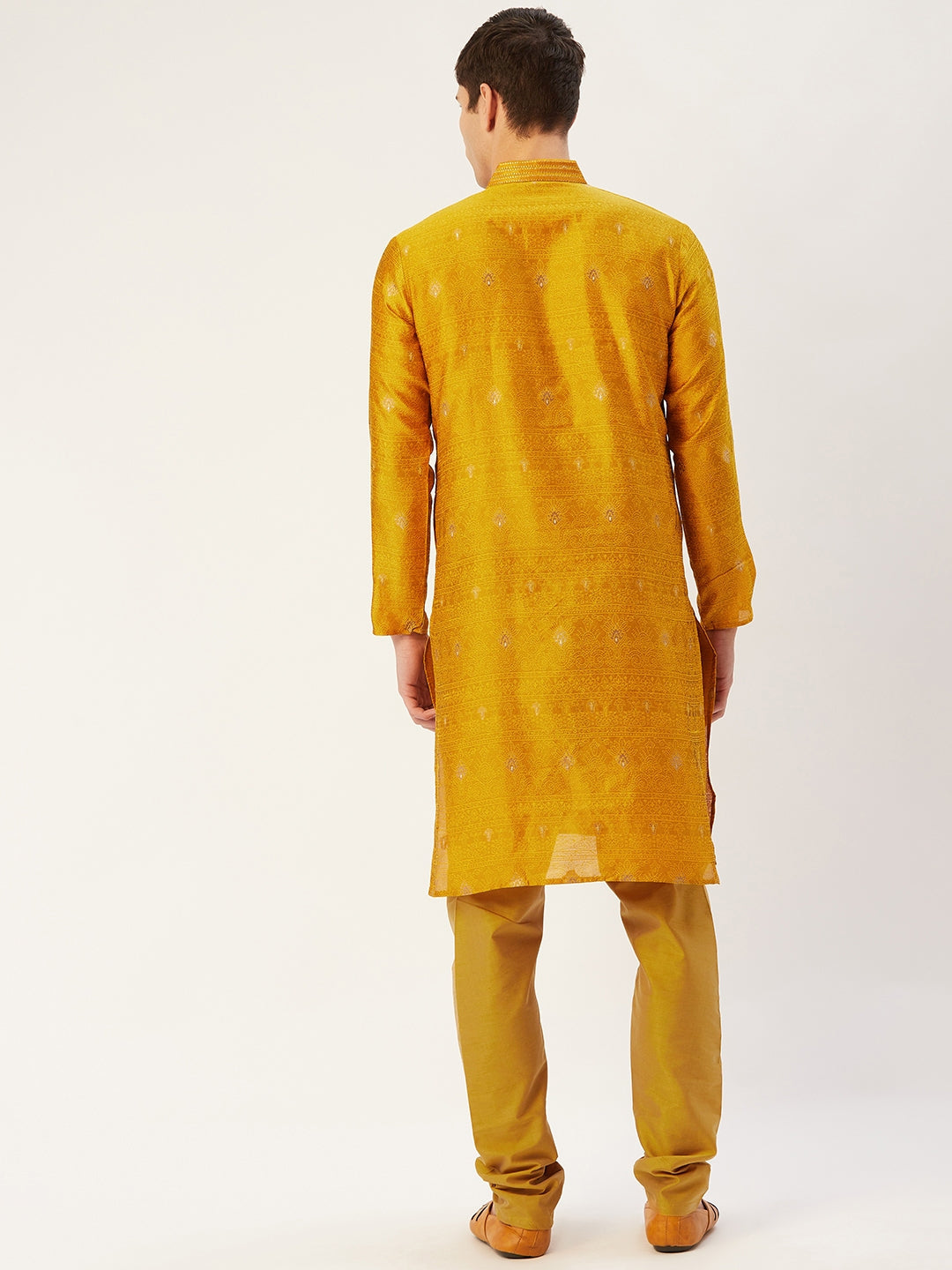 Men's Mustard Coller Embroidered Woven Design Kurta Only ( KO 649 Mustard ) - Virat Fashions