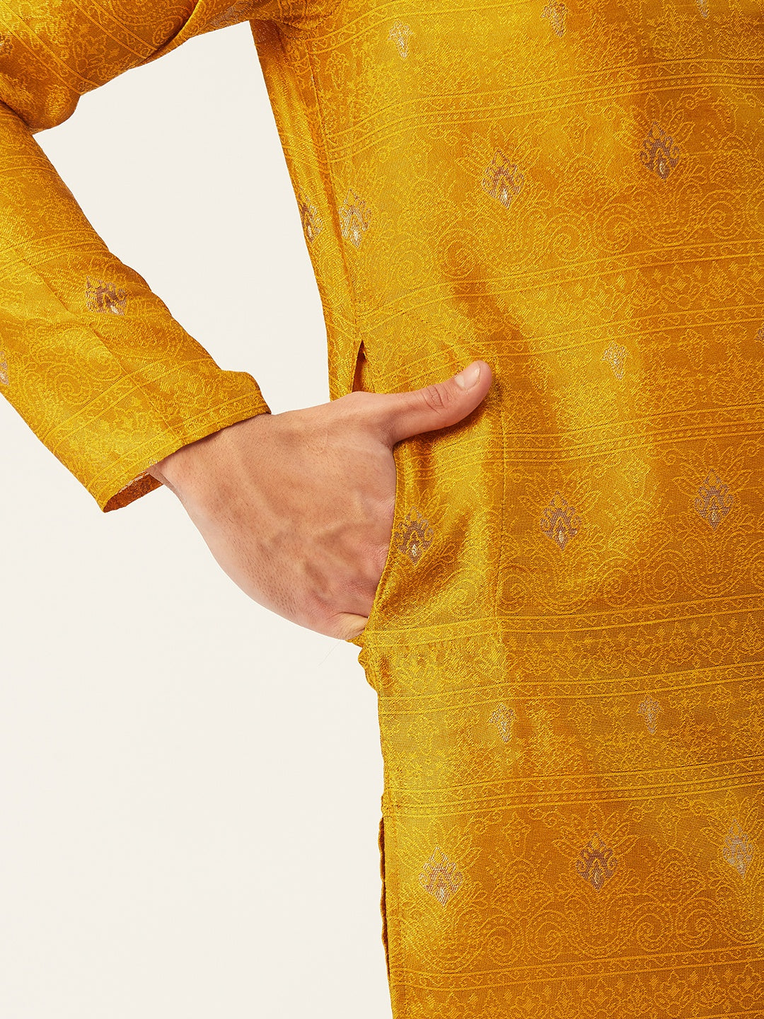 Men's Mustard Coller Embroidered Woven Design Kurta Pyjama ( JOKP 649 Mustard ) - Virat Fashions