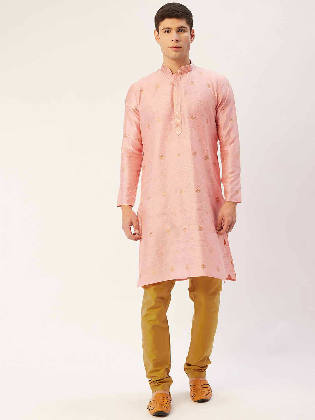 Men's Pink Coller Embroidered Woven Design Kurta Only ( KO 649 Pink ) - Virat Fashions