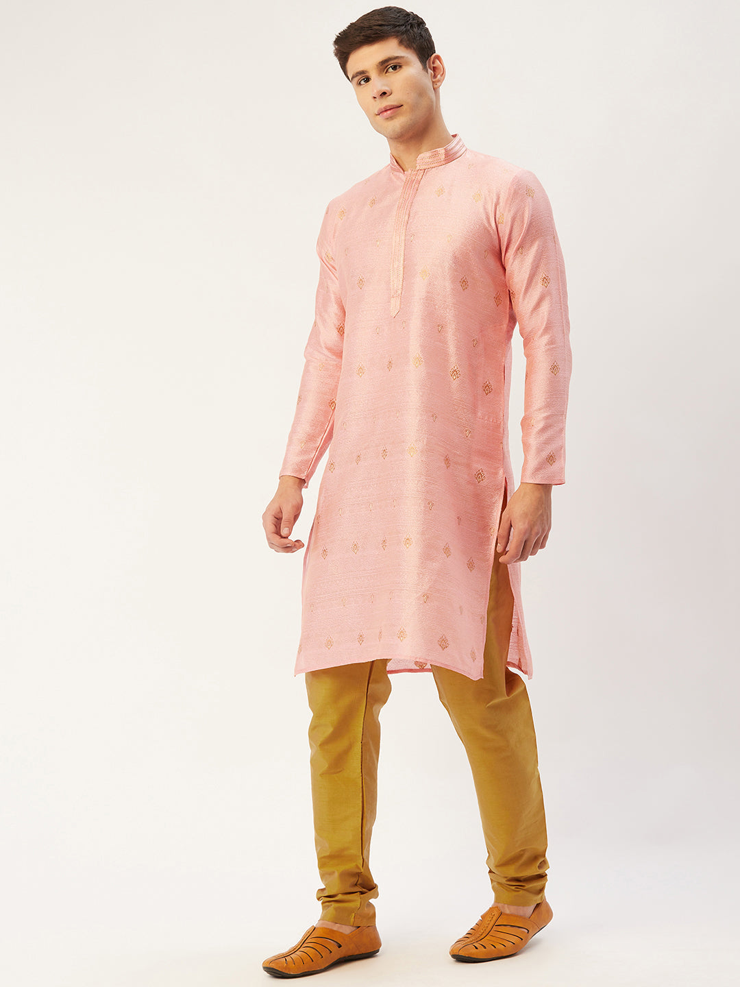 Men's Pink Coller Embroidered Woven Design Kurta Only ( KO 649 Pink ) - Virat Fashions