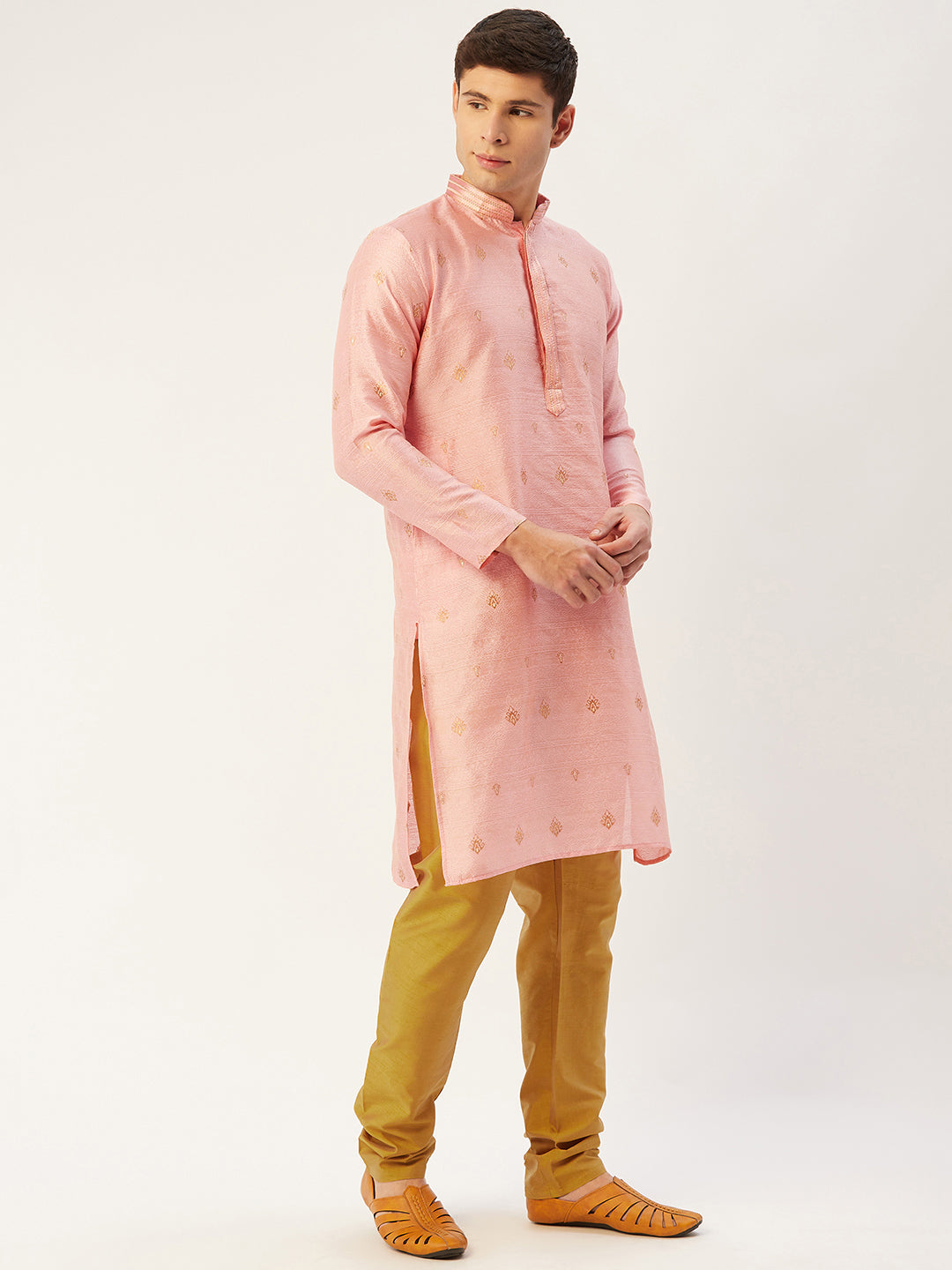 Men's Pink Coller Embroidered Woven Design Kurta Pyjama ( JOKP 649 Pink ) - Virat Fashions