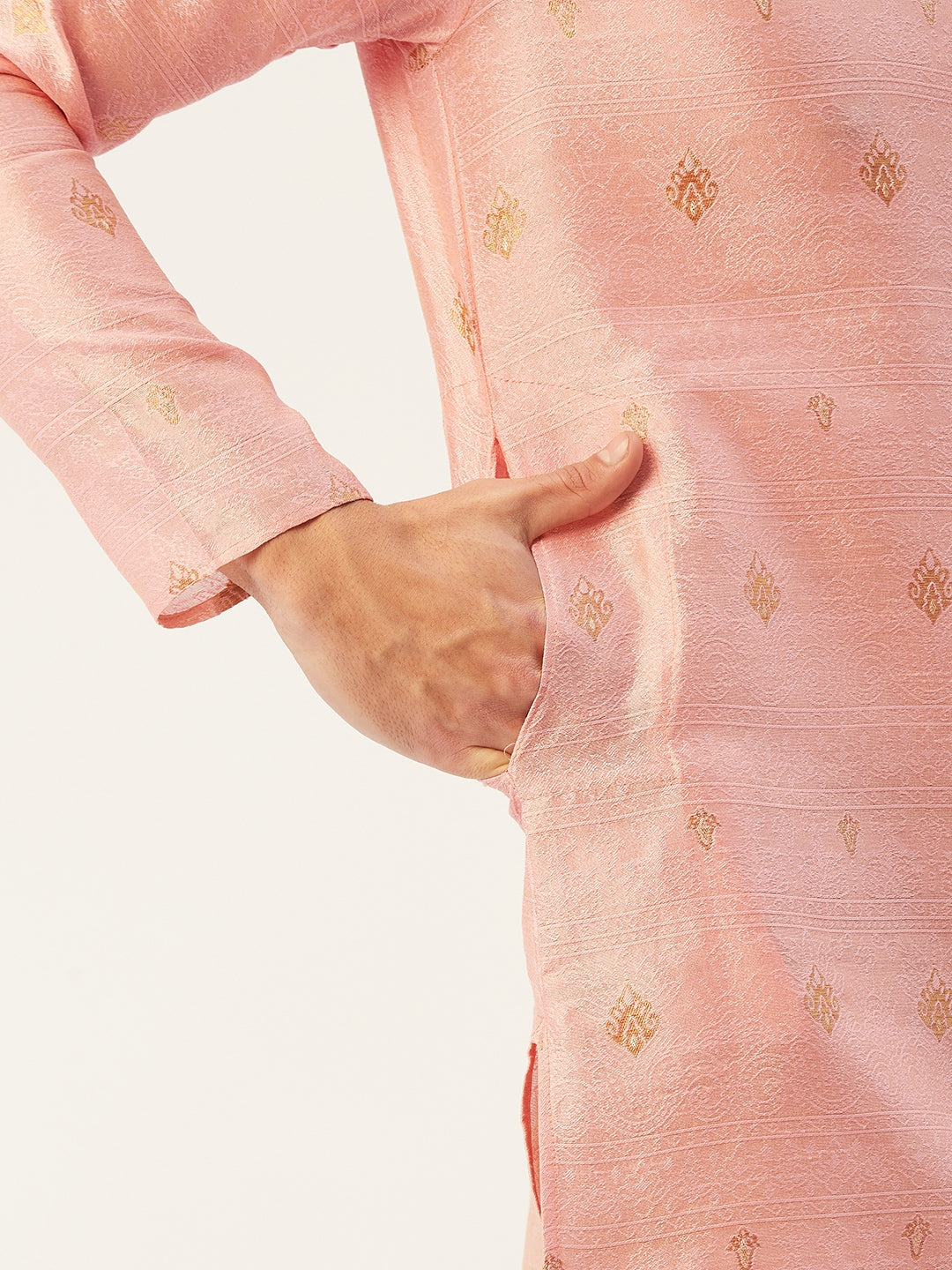Men's Pink Coller Embroidered Woven Design Kurta Pyjama ( JOKP 649 Pink ) - Virat Fashions
