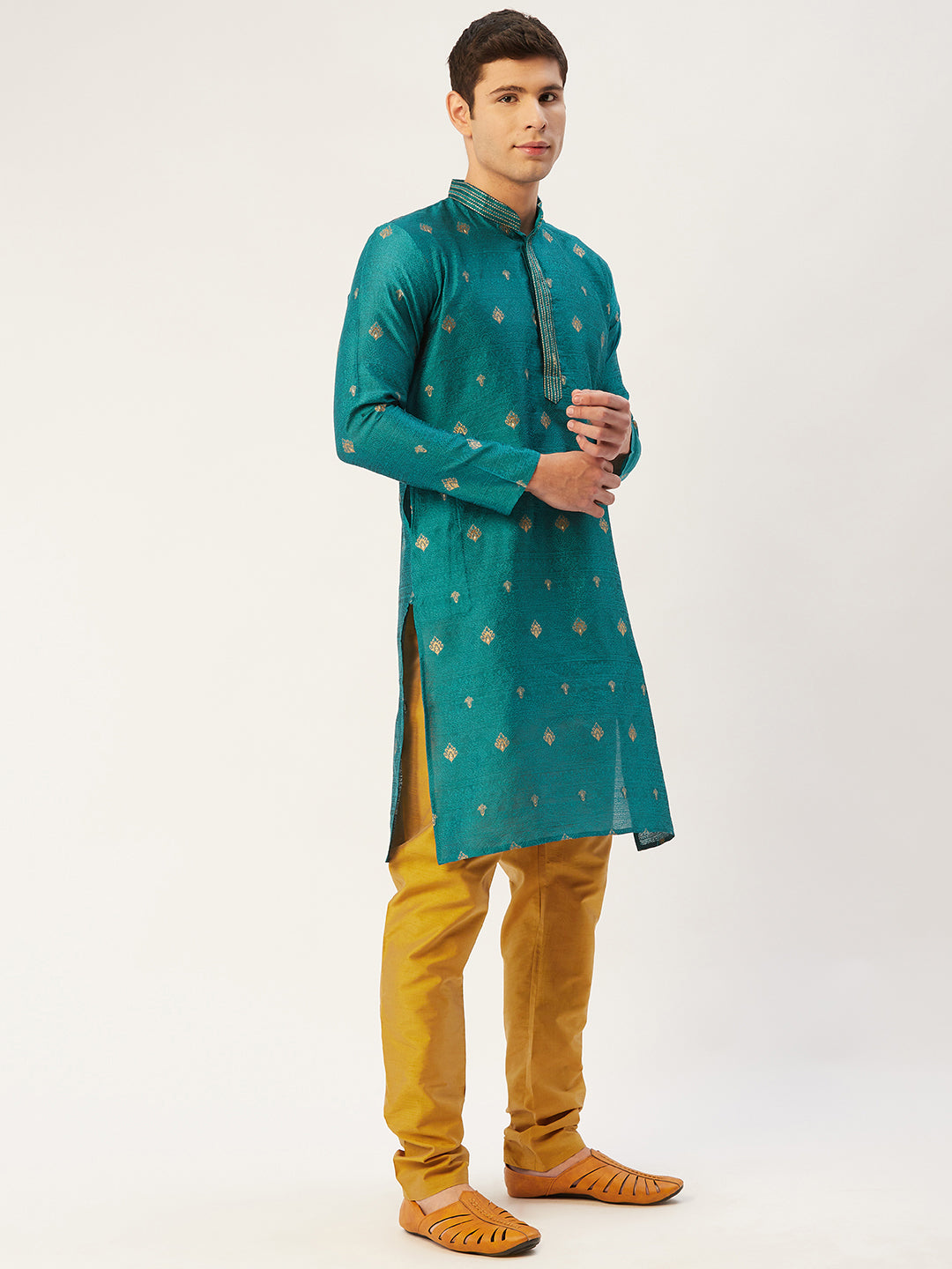 Men's Teal Coller Embroidered Woven Design Kurta Pyjama ( JOKP 649 Teal ) - Virat Fashions