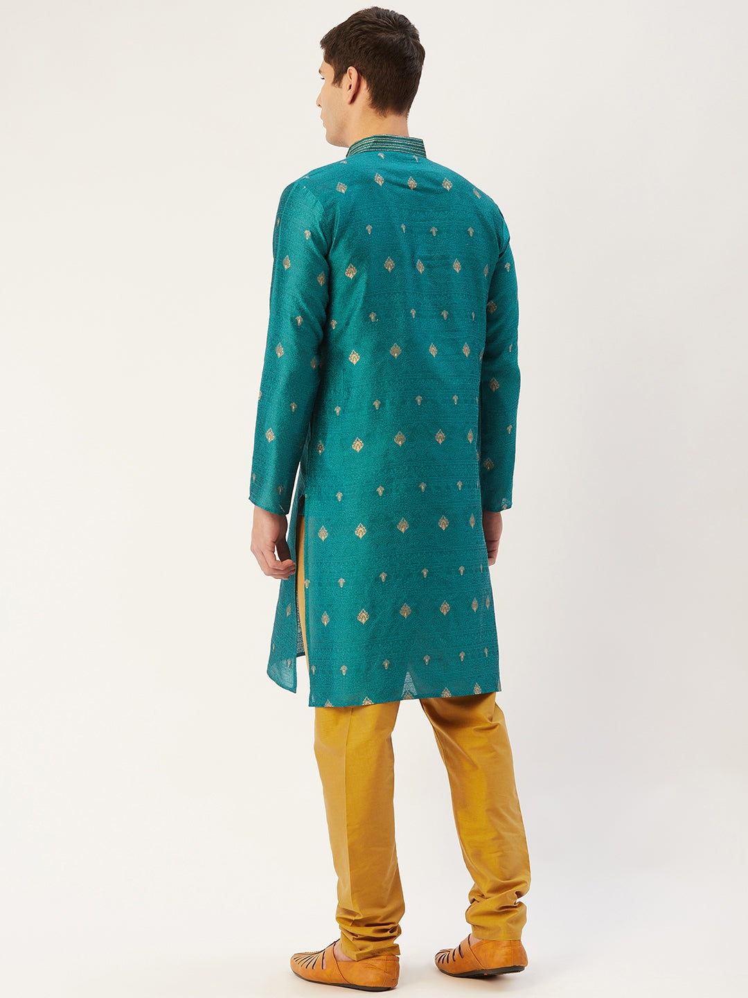 Men's Teal Coller Embroidered Woven Design Kurta Only ( KO 649 Teal ) - Virat Fashions