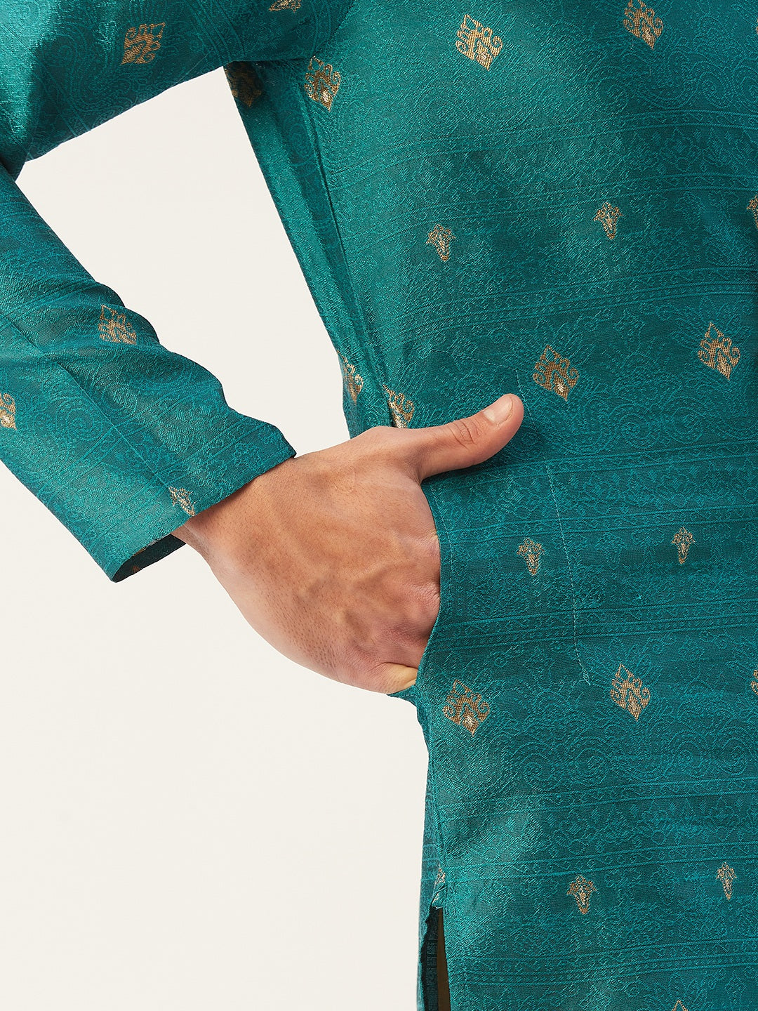 Men's Teal Coller Embroidered Woven Design Kurta Pyjama ( JOKP 649 Teal ) - Virat Fashions