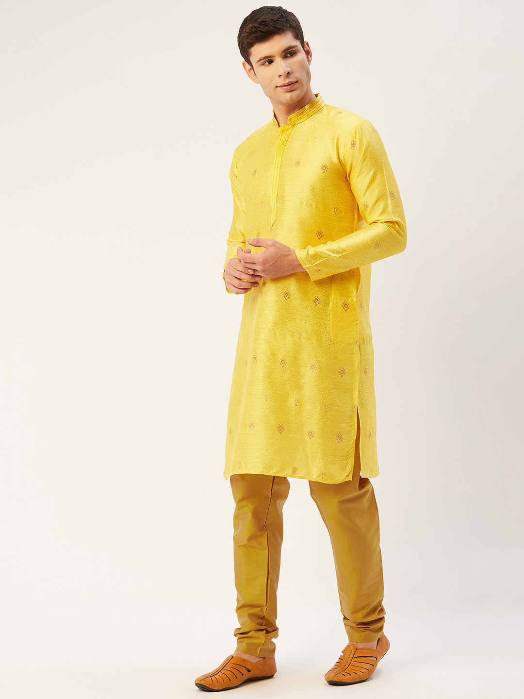 Men's Yellow Coller Embroidered Woven Design Kurta Pyjama ( JOKP 649 Yellow ) - Virat Fashions