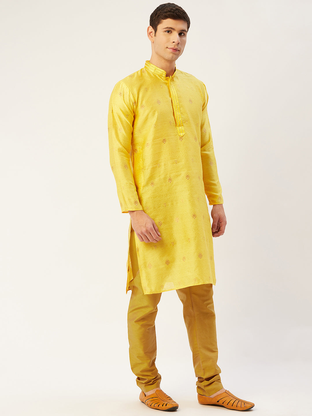 Men's Yellow Coller Embroidered Woven Design Kurta Only ( KO 649 Yellow ) - Virat Fashions