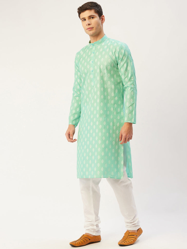 Men's Green Cotton Floral printed kurta Pyjama Set ( JOKP 650 Green )