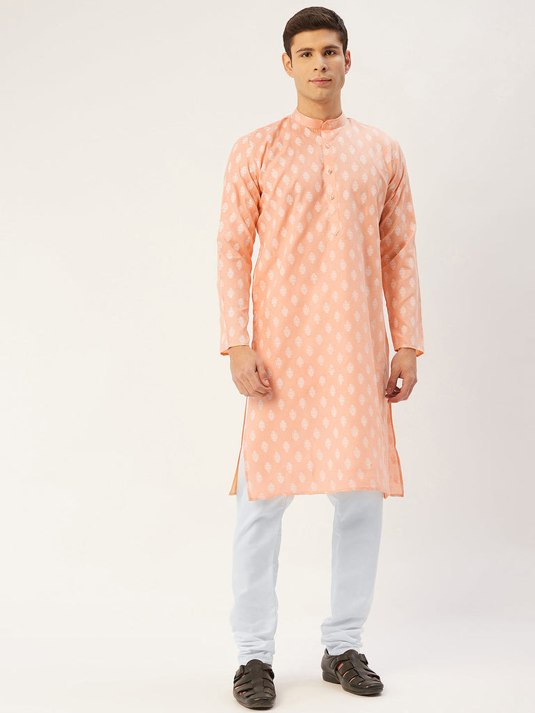 Men's Peach Cotton Floral printed kurta Only( KO 650 Peach )