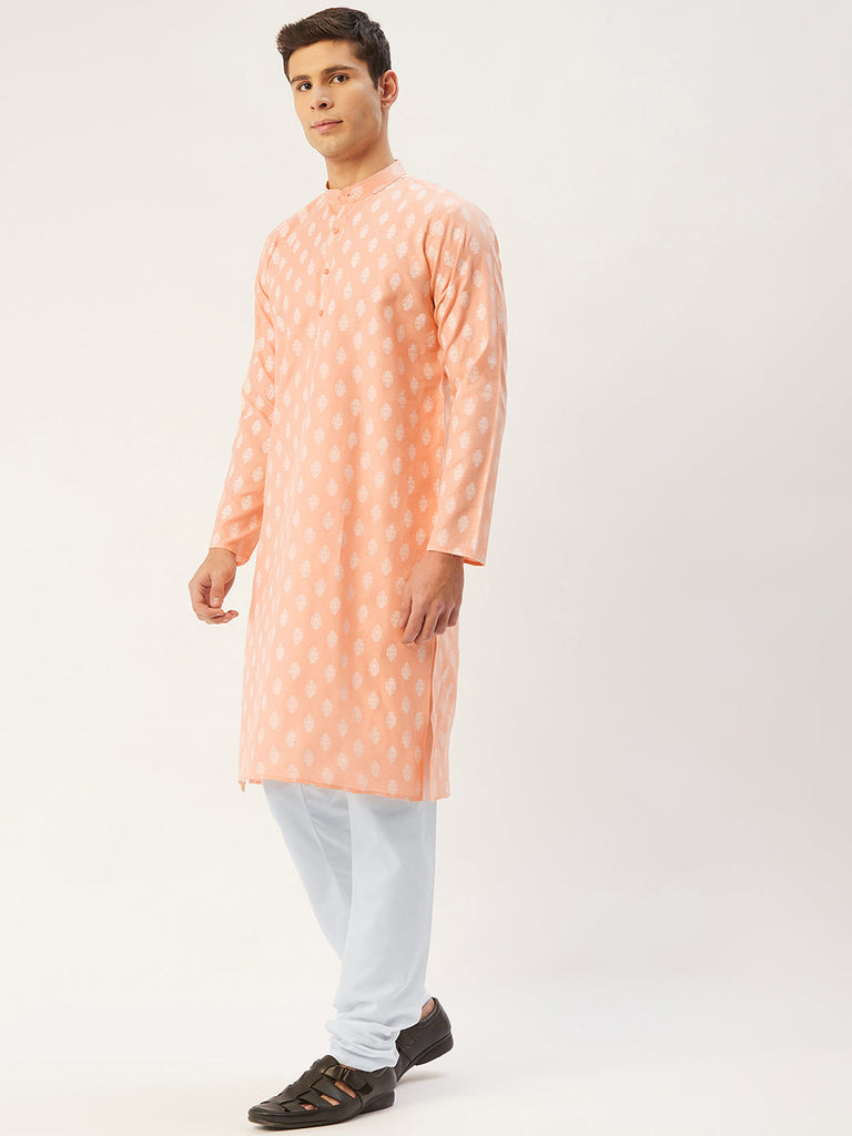 Men's Peach Cotton Floral printed kurta Only( KO 650 Peach )