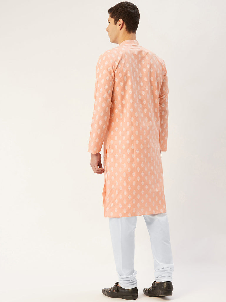 Men's Peach Cotton Floral printed kurta Only( KO 650 Peach )