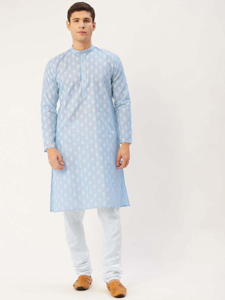 Men's Sky Cotton Floral printed kurta Pyjama Set ( JOKP 650 Sky )