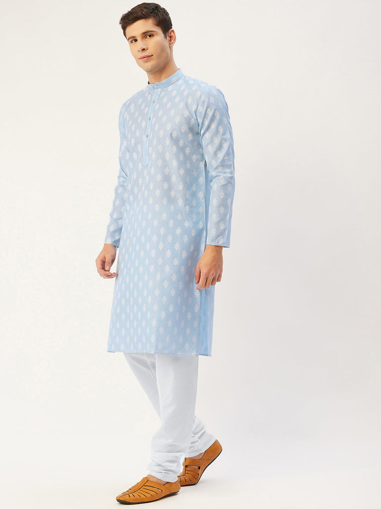 Men's Sky Cotton Floral printed kurta Pyjama Set ( JOKP 650 Sky )