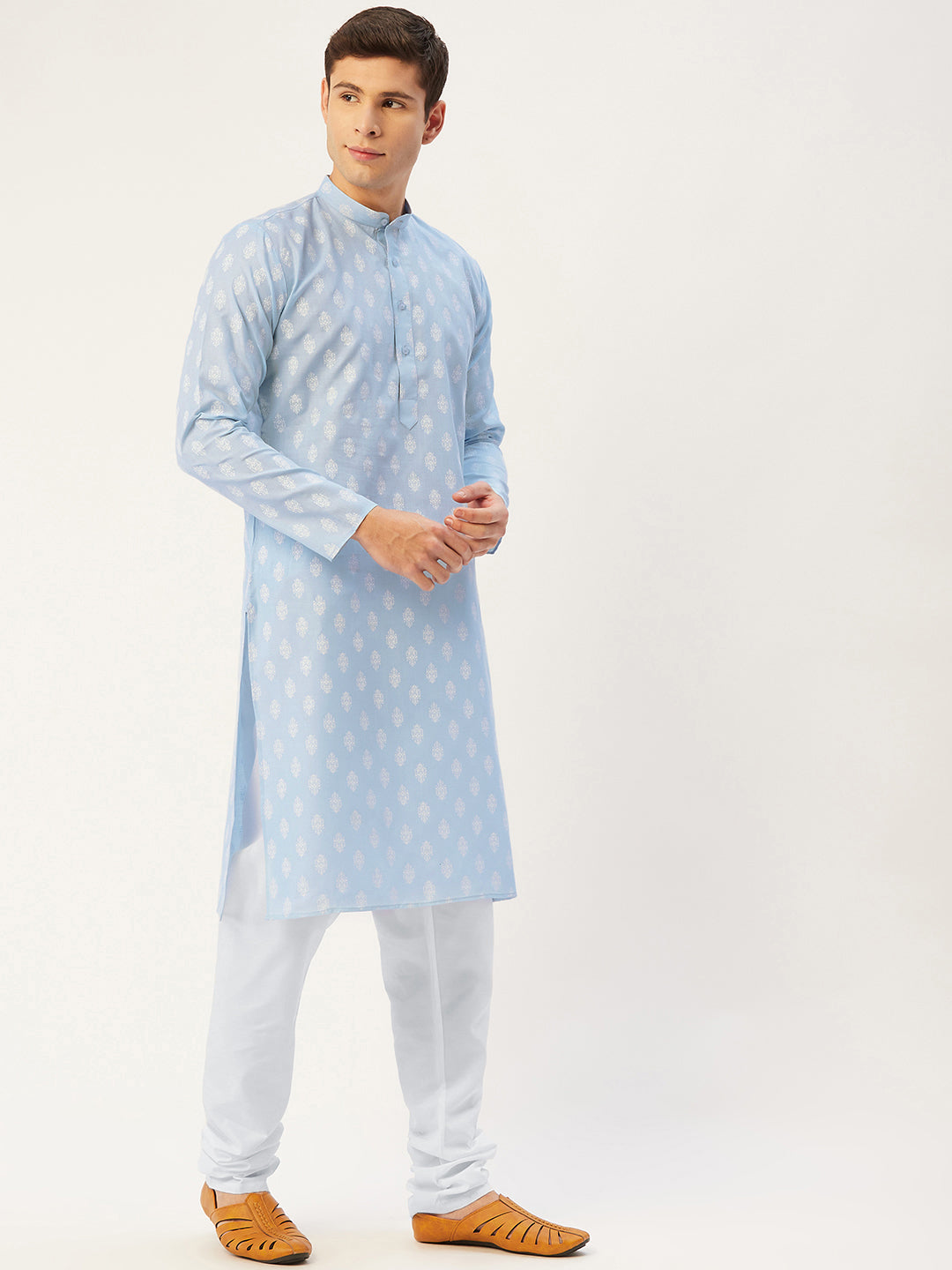 Men's Sky Cotton Floral printed kurta Pyjama Set ( JOKP 650 Sky ) - Virat Fashions