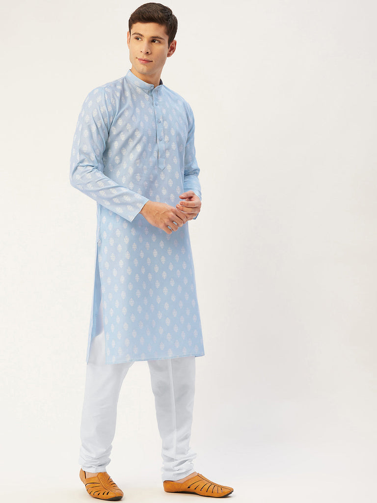 Men's Sky Cotton Floral printed kurta Pyjama Set ( JOKP 650 Sky )