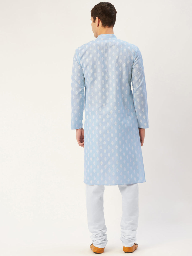 Men's Sky Cotton Floral printed kurta Pyjama Set ( JOKP 650 Sky )