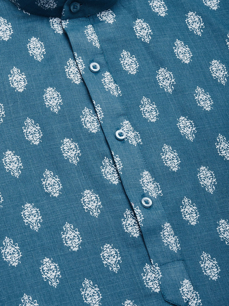 Men's Teal Cotton Floral printed kurta Only( KO 650 Teal )