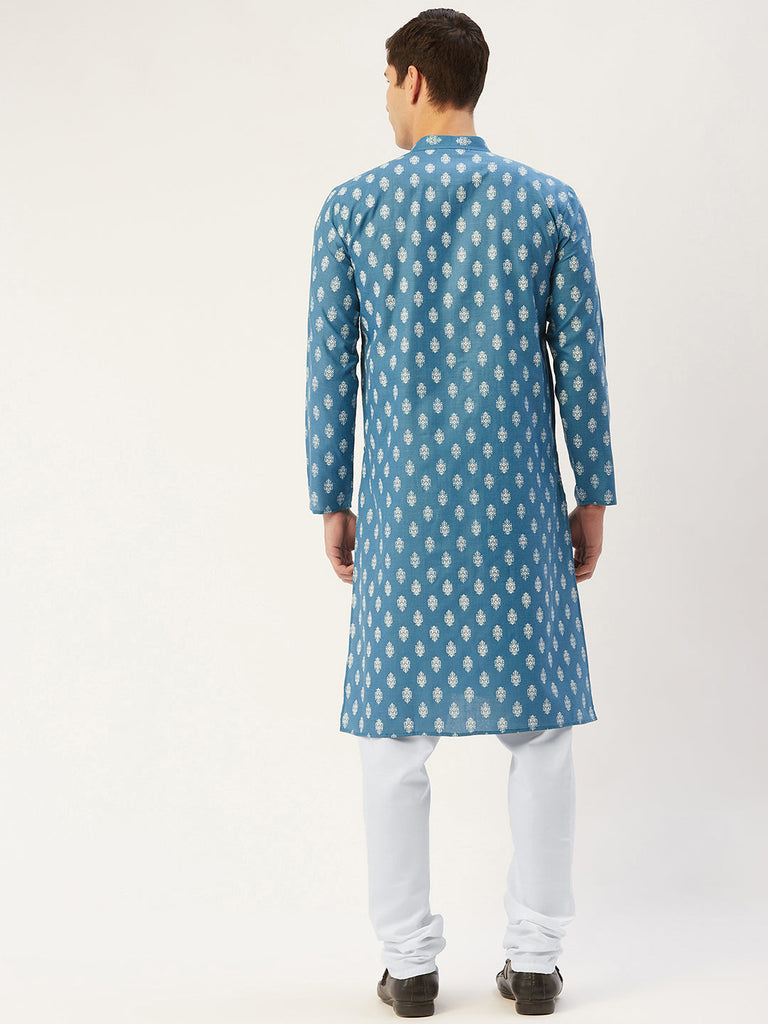 Men's Teal Cotton Floral printed kurta Only( KO 650 Teal )