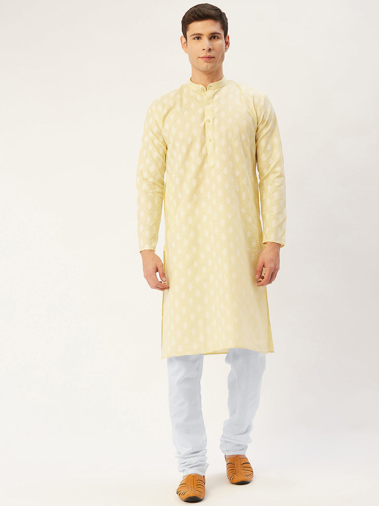Men's Yellow Cotton Floral printed kurta Pyjama Set ( JOKP 650 Yellow )