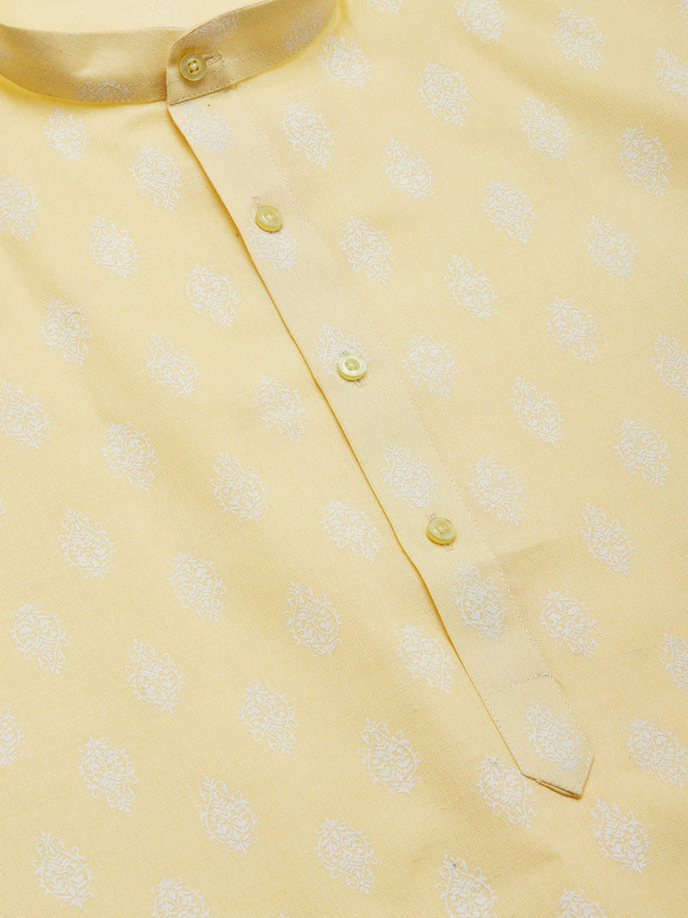 Men's Yellow Cotton Floral printed kurta Only( KO 650 Yellow )