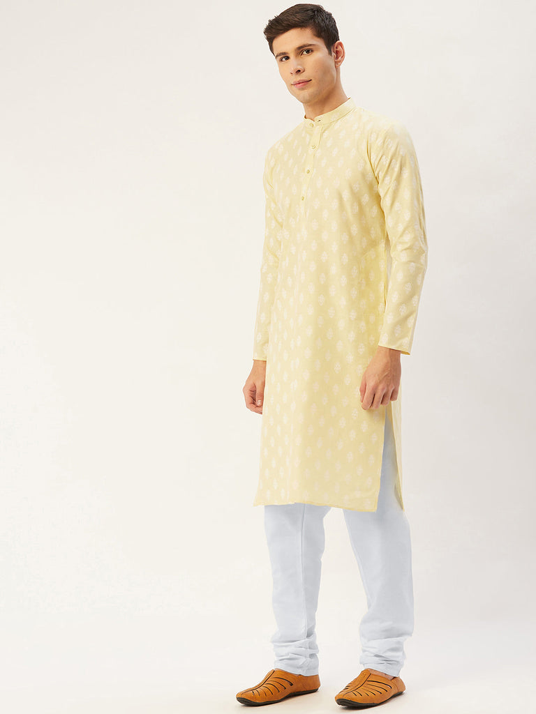 Men's Yellow Cotton Floral printed kurta Pyjama Set ( JOKP 650 Yellow )