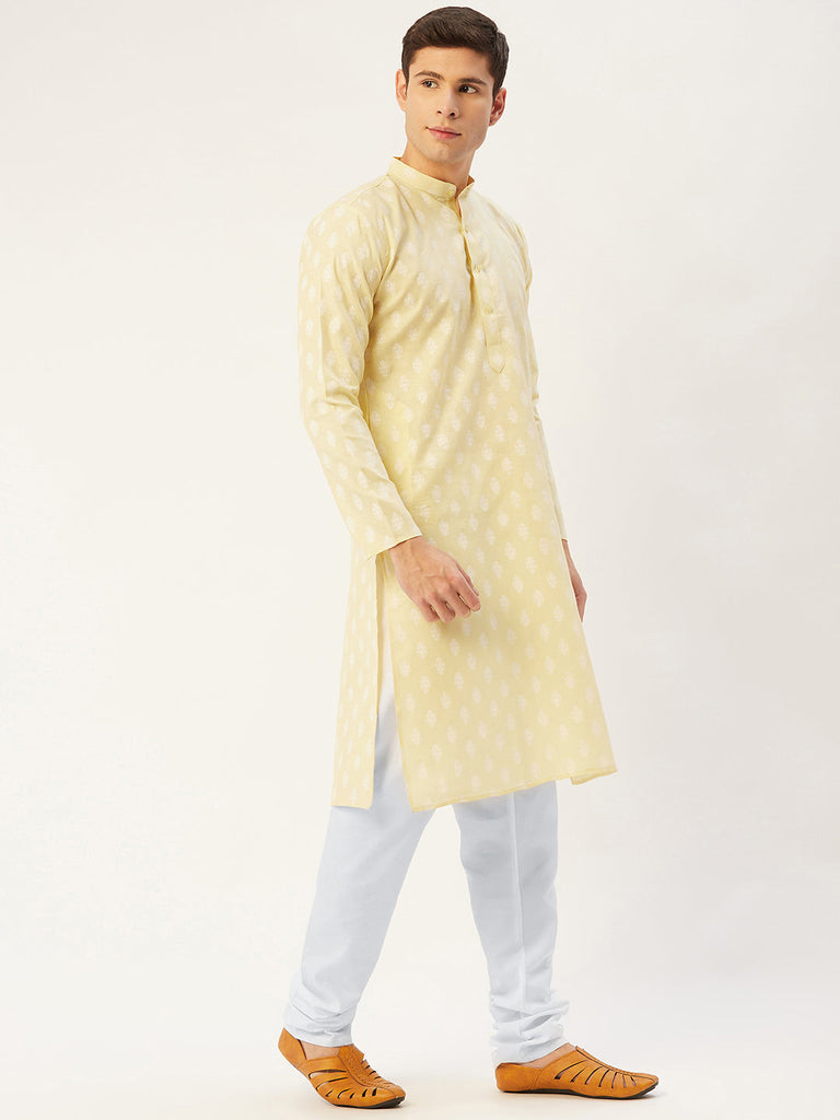 Men's Yellow Cotton Floral printed kurta Only( KO 650 Yellow )