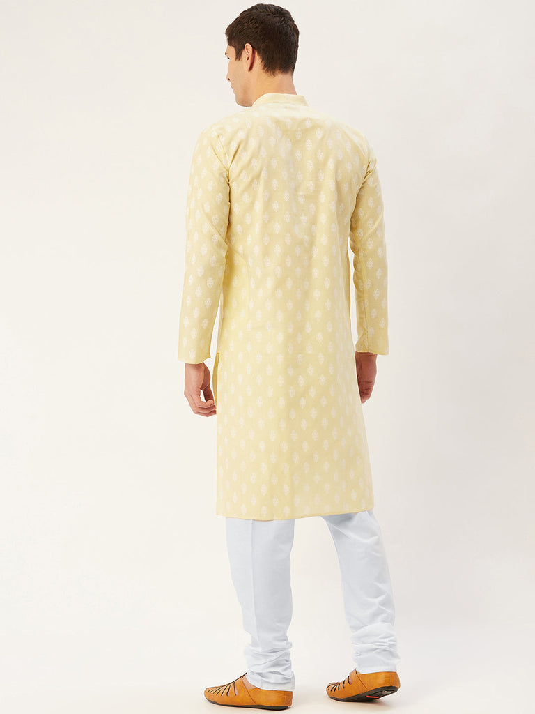 Men's Yellow Cotton Floral printed kurta Only( KO 650 Yellow )