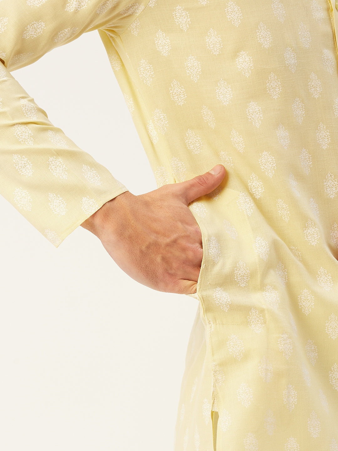 Men's Yellow Cotton Floral printed kurta Only( KO 650 Yellow ) - Virat Fashions