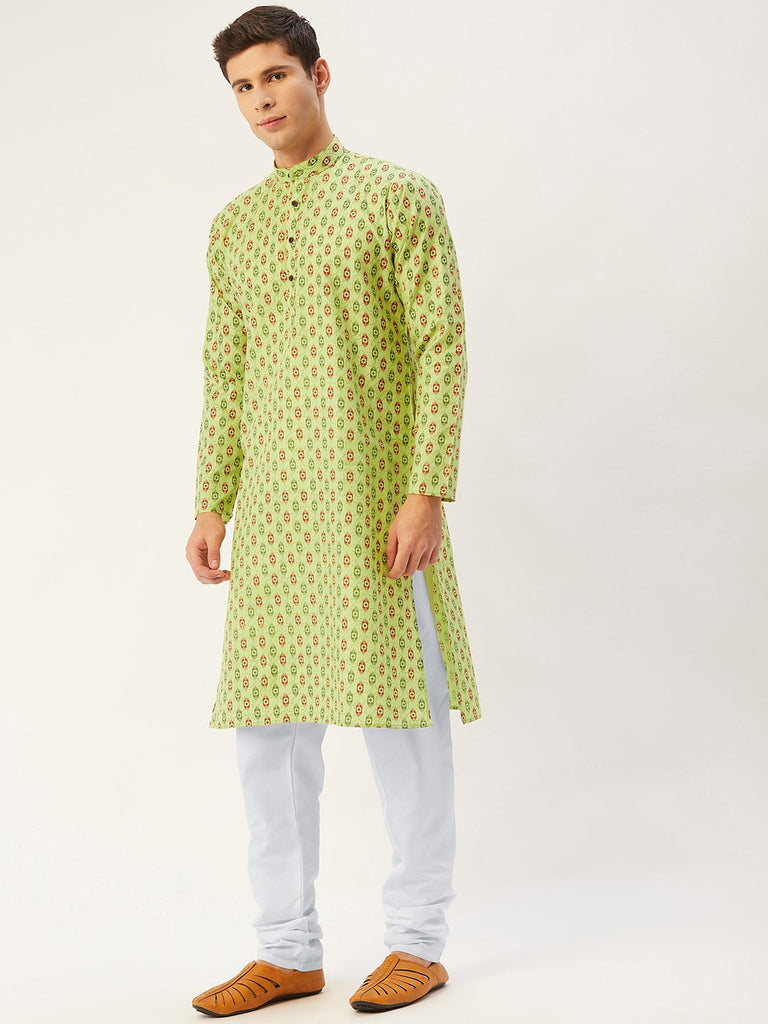 Men's Green Cotton Ikat printed kurta Pyjama Set ( JOKP 651 Green )