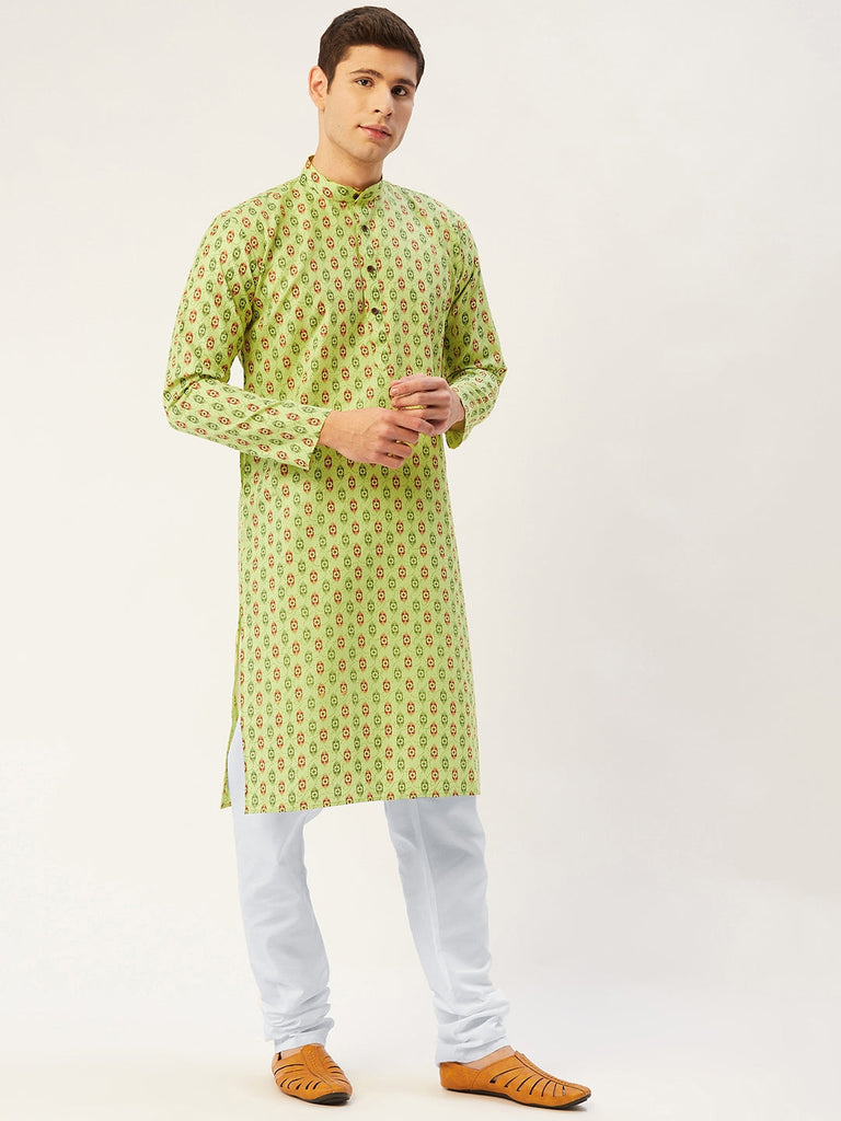 Men's Green Cotton Ikat printed kurta Pyjama Set ( JOKP 651 Green )