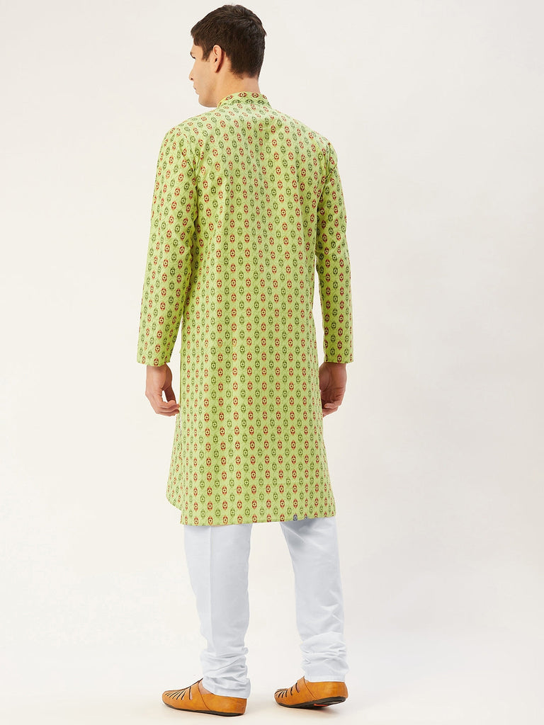 Men's Green Cotton Ikat printed kurta Pyjama Set ( JOKP 651 Green )