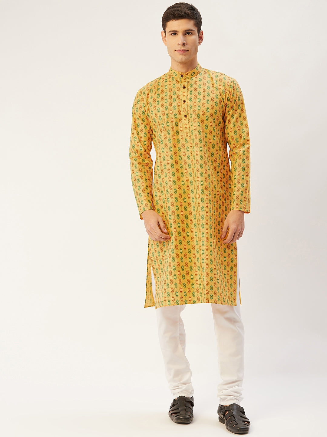 Men's Mustard Cotton Ikat printed kurta Pyjama Set ( JOKP 651 Mustard ) - Virat Fashions