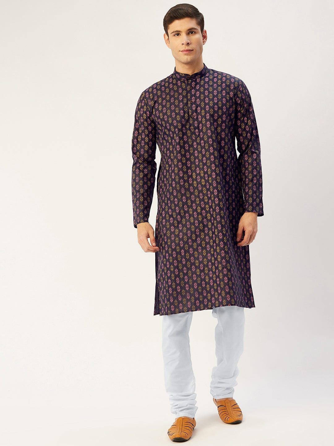 Men's Navy Cotton Ikat printed kurta Only( KO 651 Navy ) - Virat Fashions
