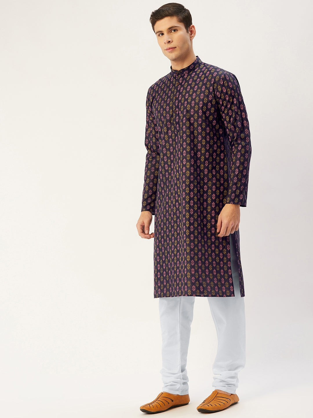 Men's Navy Cotton Ikat printed kurta Pyjama Set ( JOKP 651 Navy ) - Virat Fashions
