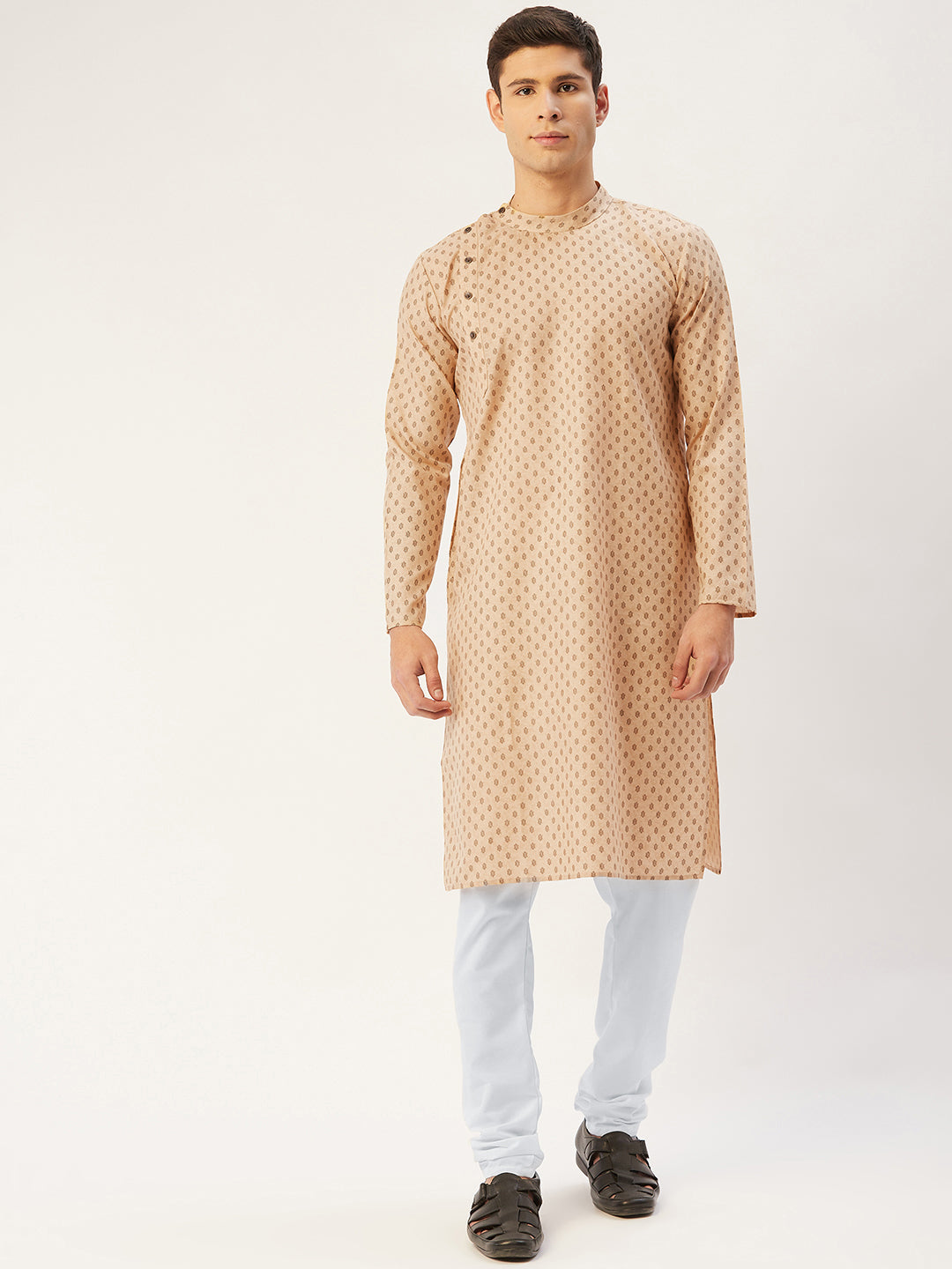 Men's Beige Cotton printed kurta Pyjama Set ( JOKP 652 Beige ) - Virat Fashions