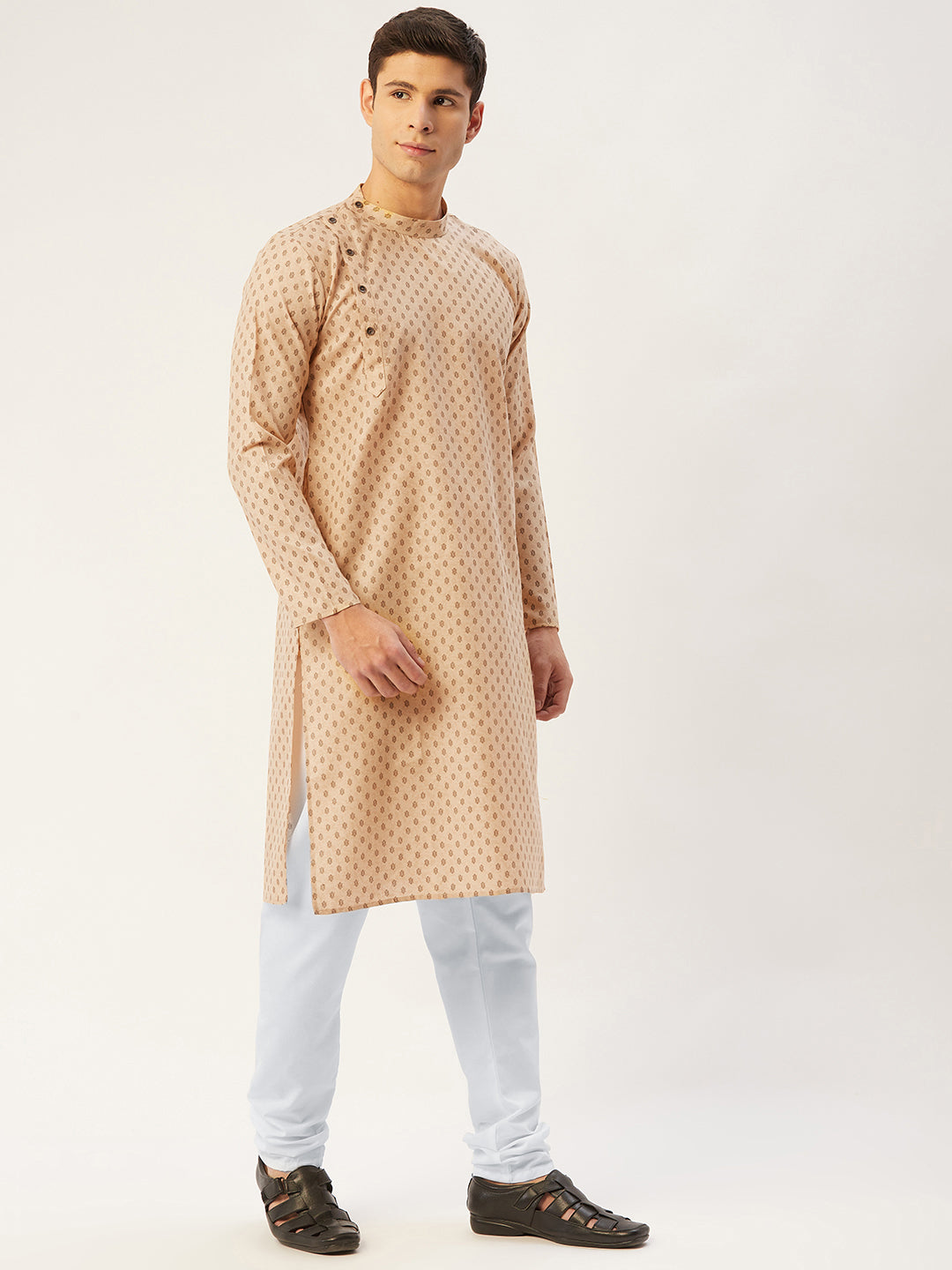 Men's Beige Cotton printed kurta Pyjama Set ( JOKP 652 Beige ) - Virat Fashions