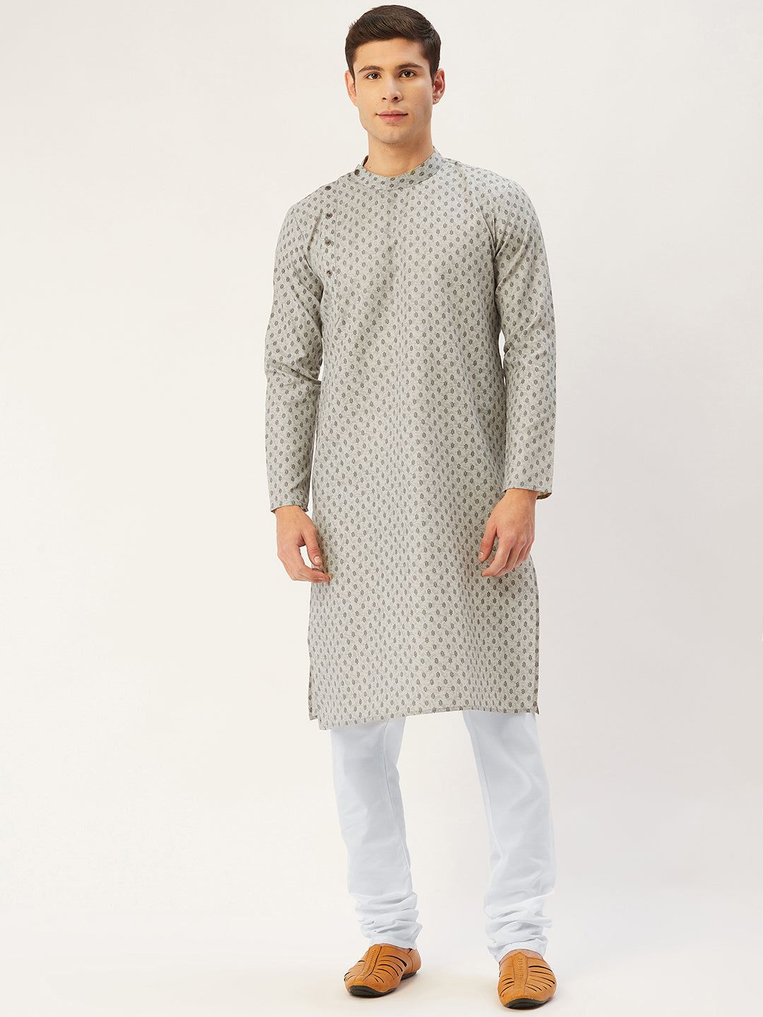 Men's Grey Cotton printed kurta Pyjama Set ( JOKP 652 Grey ) - Virat Fashions