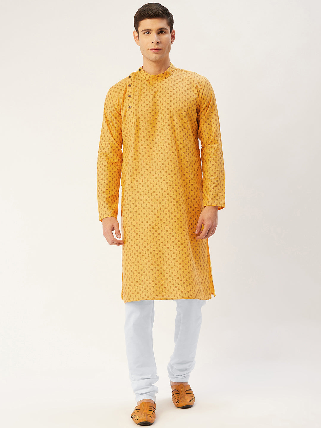 Men's Mustard Cotton printed kurta Pyjama Set ( JOKP 652 Mustard ) - Virat Fashions