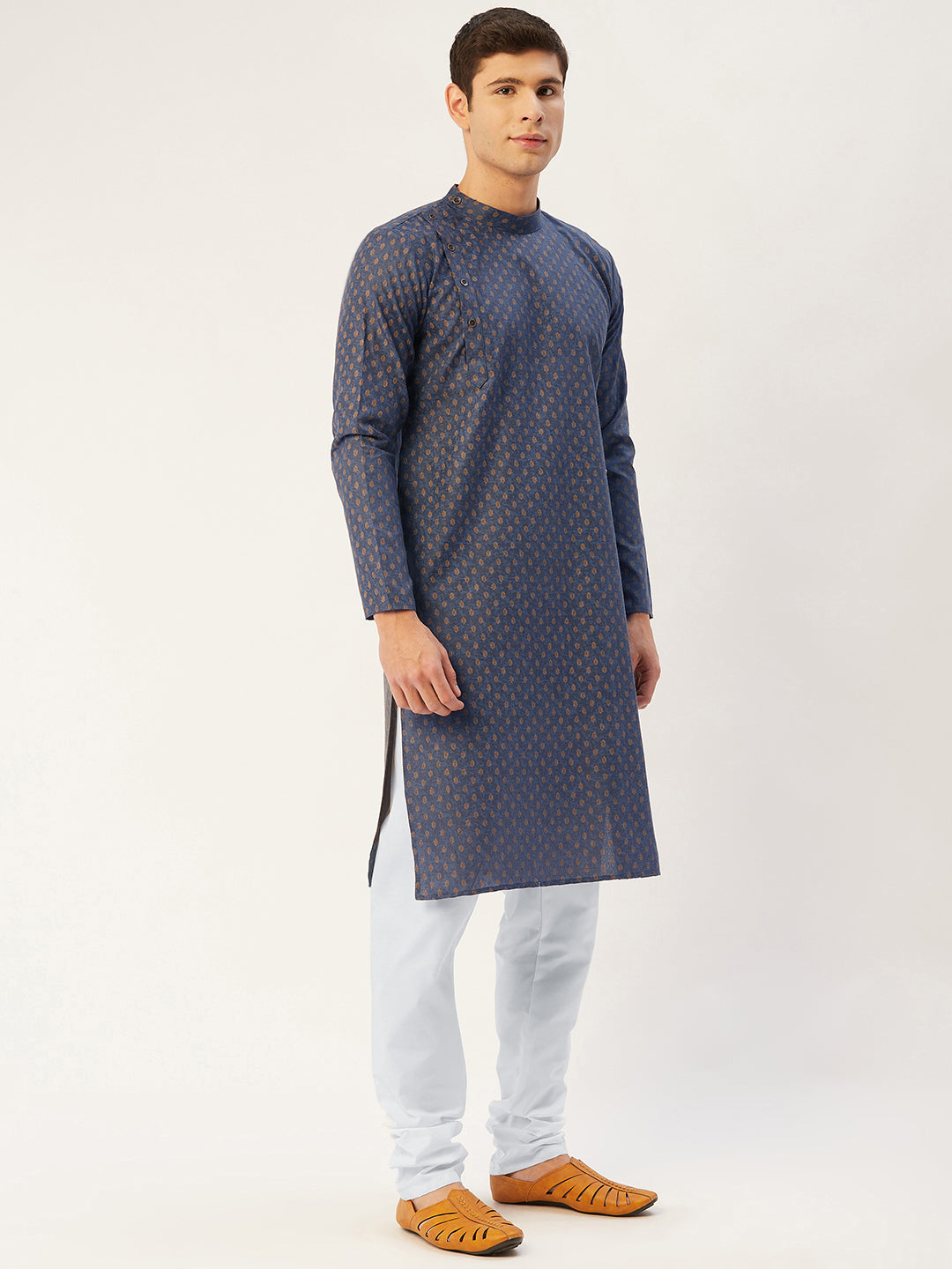 Men's Navy Cotton printed kurta Pyjama Set ( JOKP 652 Navy ) - Virat Fashions