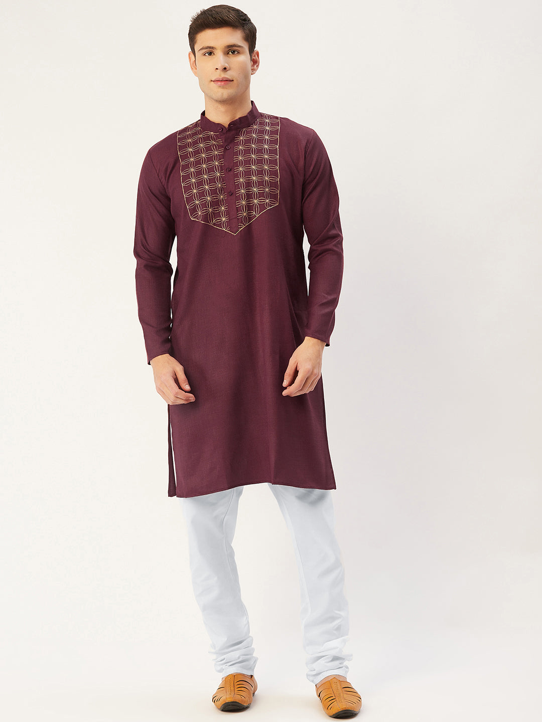 Men's Maroon Cotton Embroidered Kurta Pyjama ( JOKP 654 Maroon ) - Virat Fashions