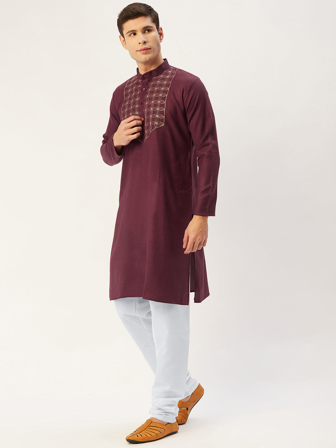 Men's Maroon Cotton Embroidered Kurta Pyjama ( JOKP 654 Maroon ) - Virat Fashions