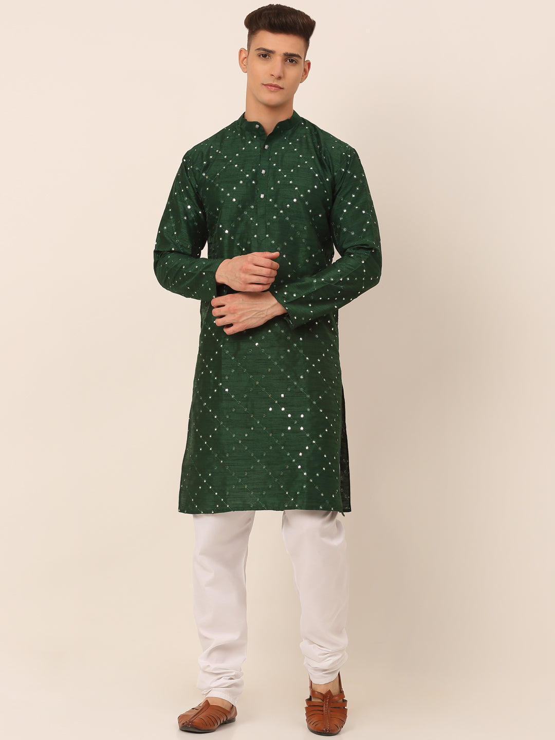 Men's Green Mirror Work Kurta Pyjama ( Jokp 659 Green ) - Virat Fashions