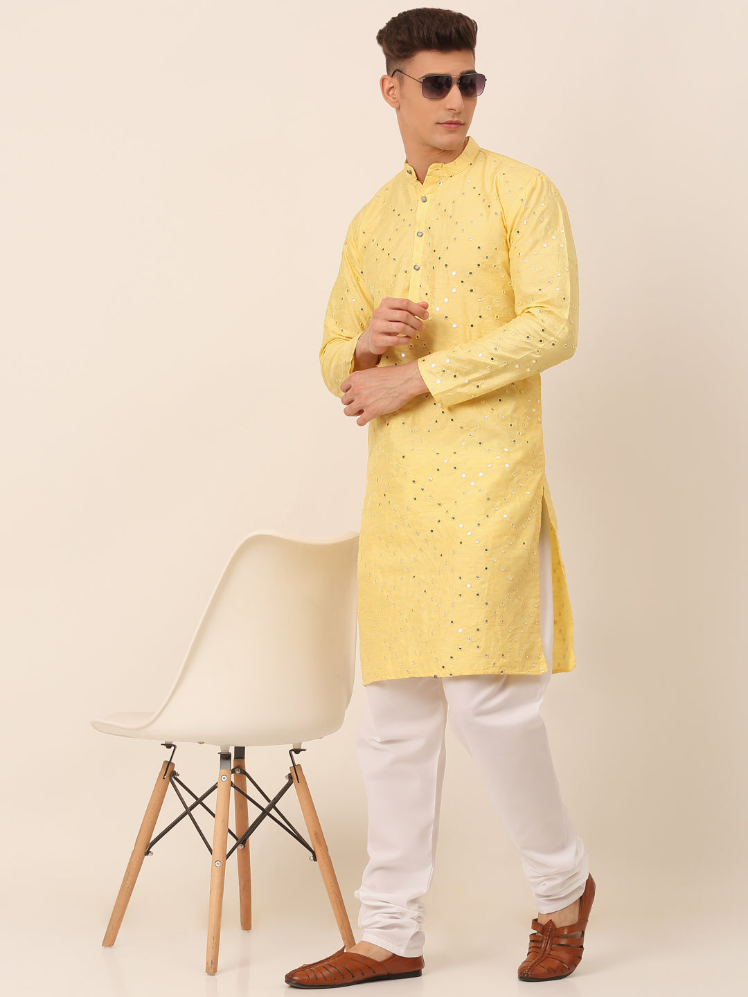 Men's Lemon Mirror Work Kurta Pyjama ( Jokp 659 Lemon ) - Virat Fashions