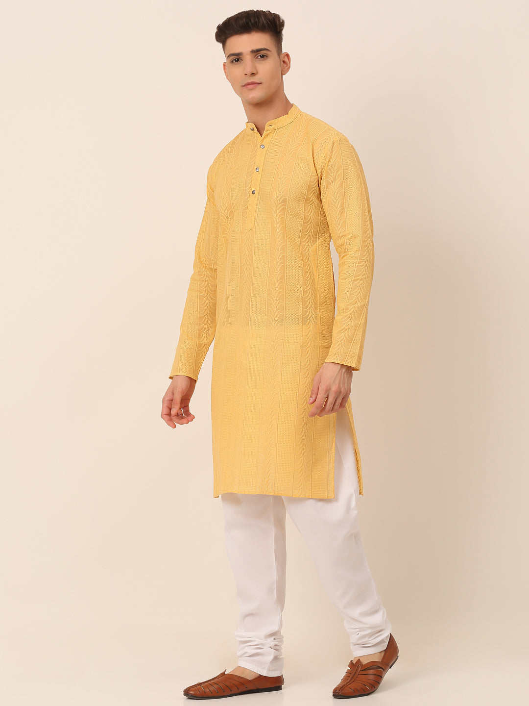 Men's Pure Cotton Embroidered Kurta Pyjama Set ( Jokp 660 Beige ) - Virat Fashions