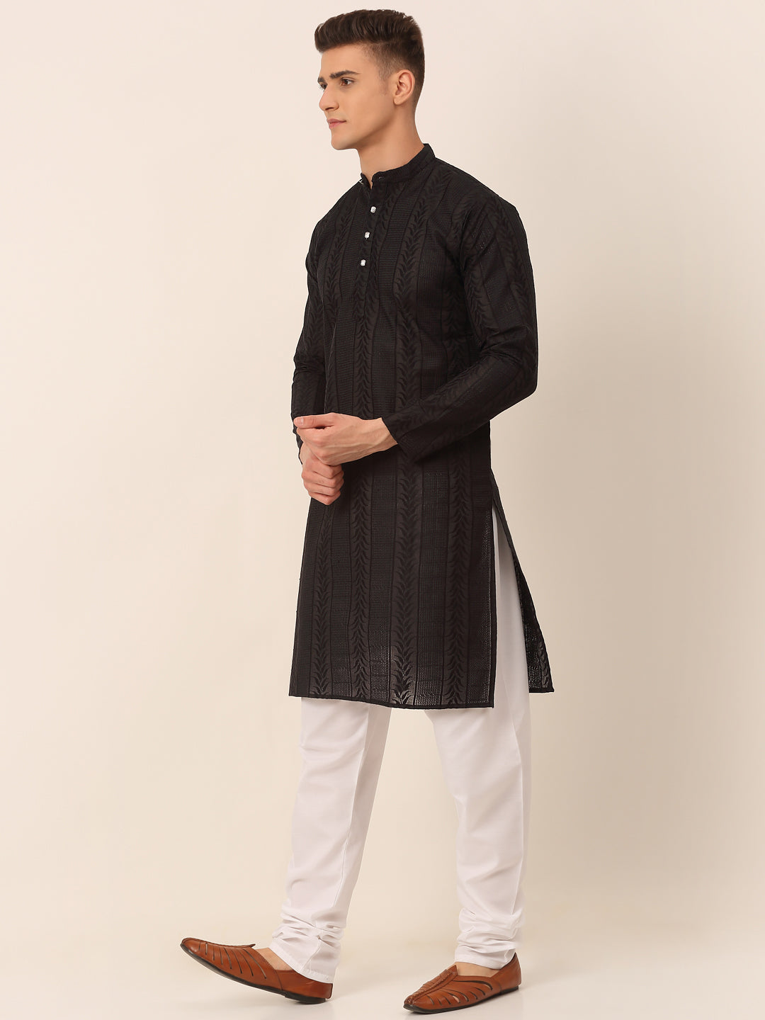 Men's Pure Cotton Embroidered Kurta Pyjama Set ( Jokp 660 Black ) - Virat Fashions