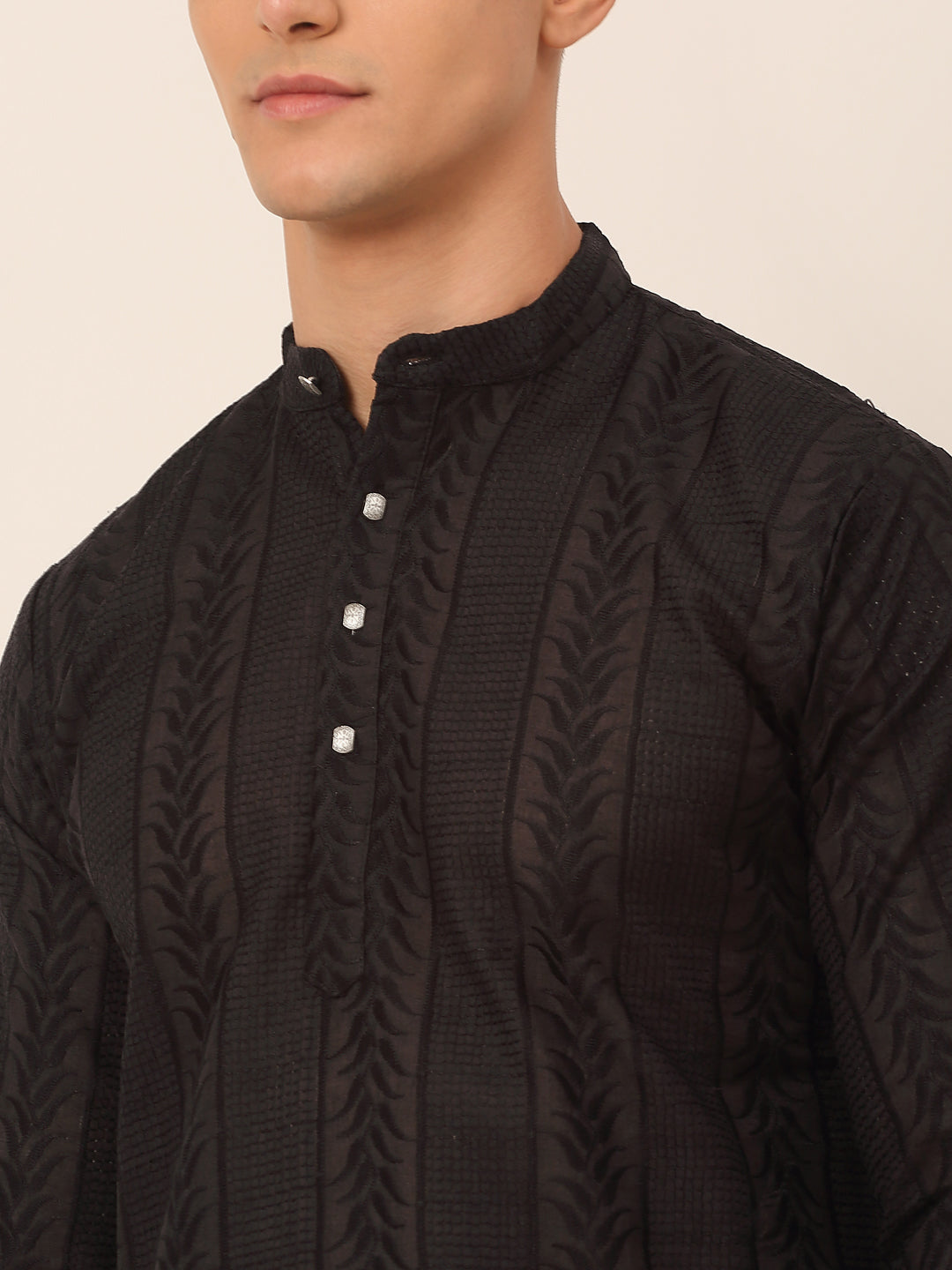Men's Pure Cotton Embroidered Kurta Pyjama Set ( Jokp 660 Black ) - Virat Fashions