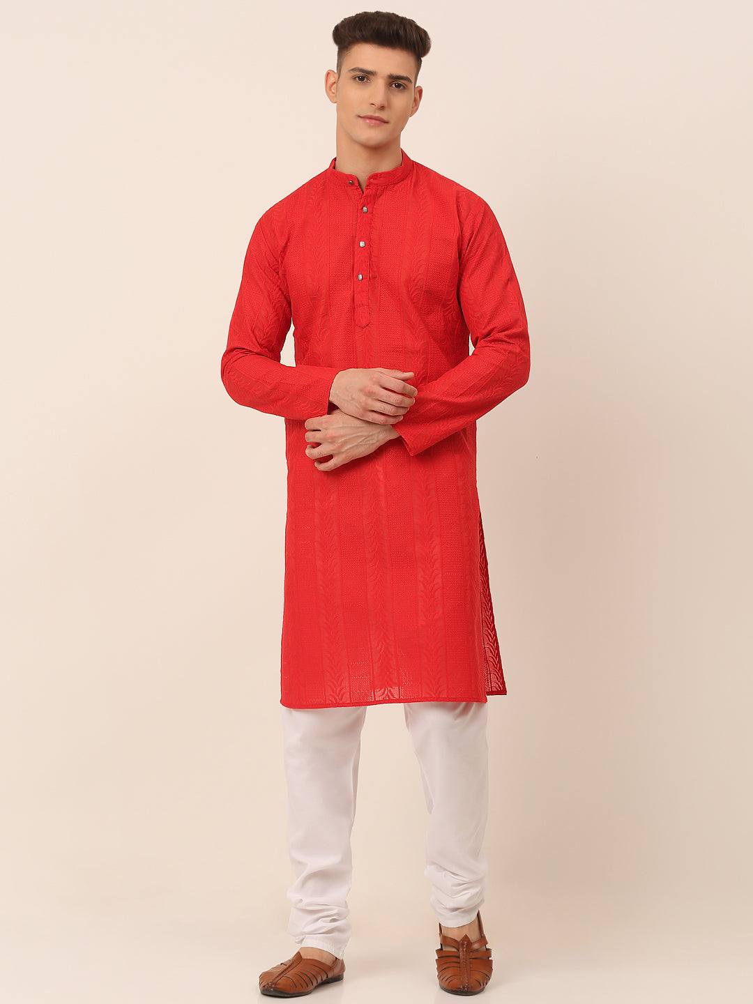 Men's Pure Cotton Embroidered Kurta Pyjama Set ( Jokp 660 Red ) - Virat Fashions